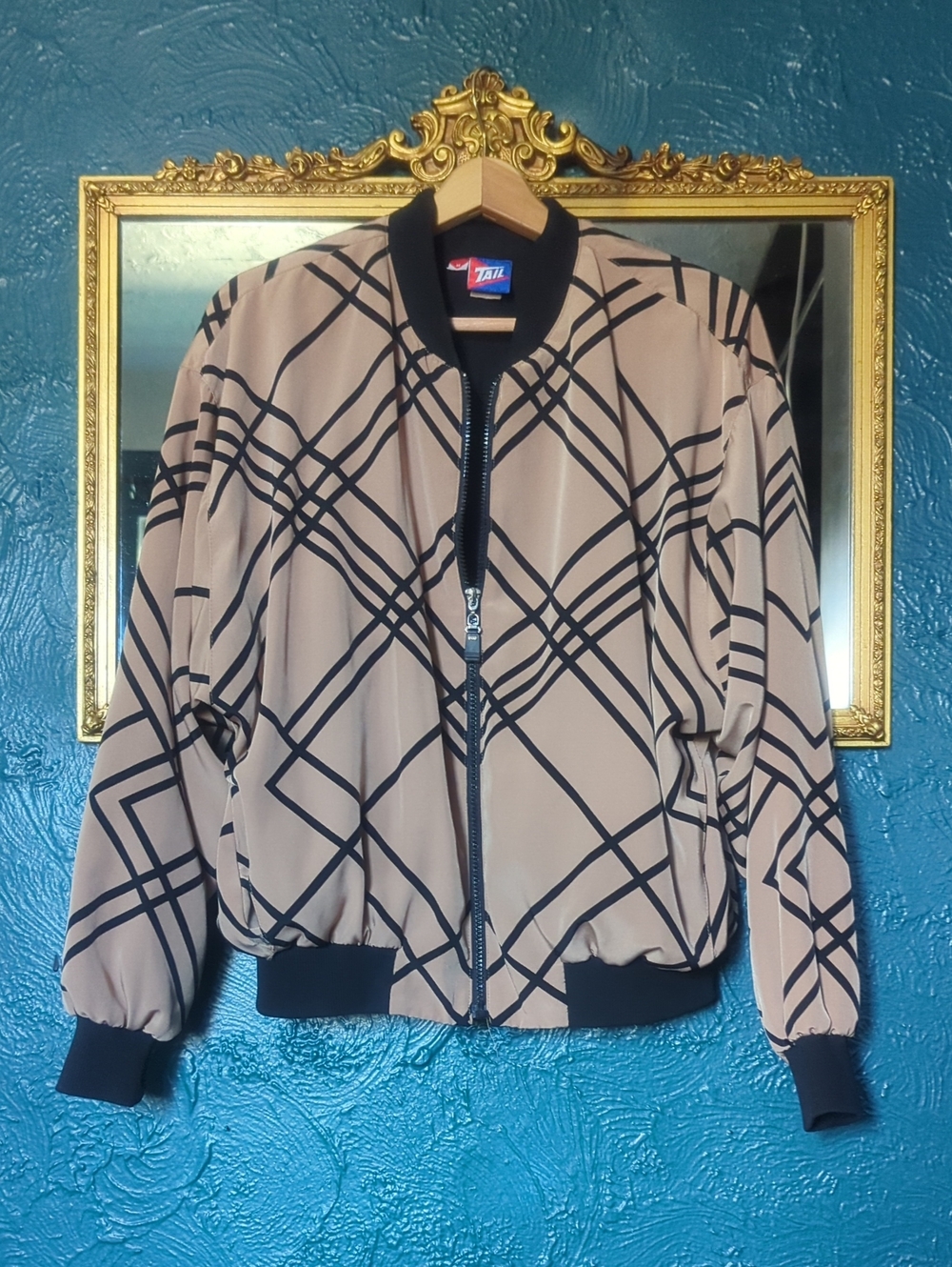 Tail Reversible Beige Bomber Jacket with Black Plaid Lines